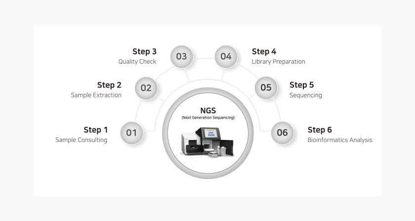 Step1. Sample Consulting / Step2. Sample Extraction / Step3. Quality Check / Step4. Library preparation / Step5. Next Generation Sequencing / Step6. Bioinformatics analysis